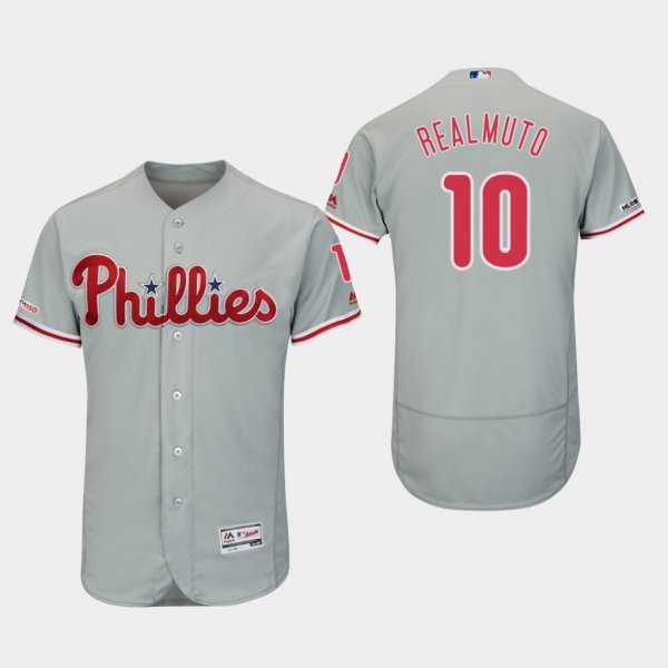 Men's Philadelphia Phillies #10 J.T. Realmuto Gray 150th Anniversary Patch Flex Base MLB Jersey