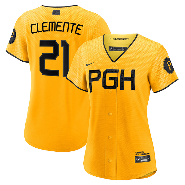 Women's Pittsburgh Pirates #21 Roberto Clemente Nike Gold 2023 City Connect Cool Base Player Jersey