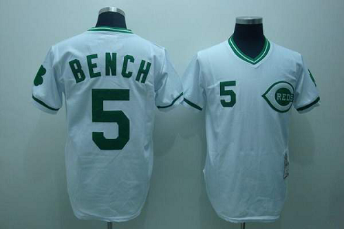 Mitchell And Ness Cincinnati Reds #5 Johnny Bench Stitched White Green Patch Throwback MLB Jersey