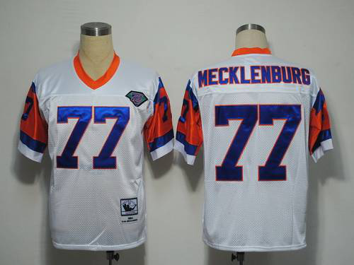 Mitchel and Ness Denver Broncos #77 Karl Mecklenburg White With 75 Anniversary Patch Stitched Throwback NFL Jersey