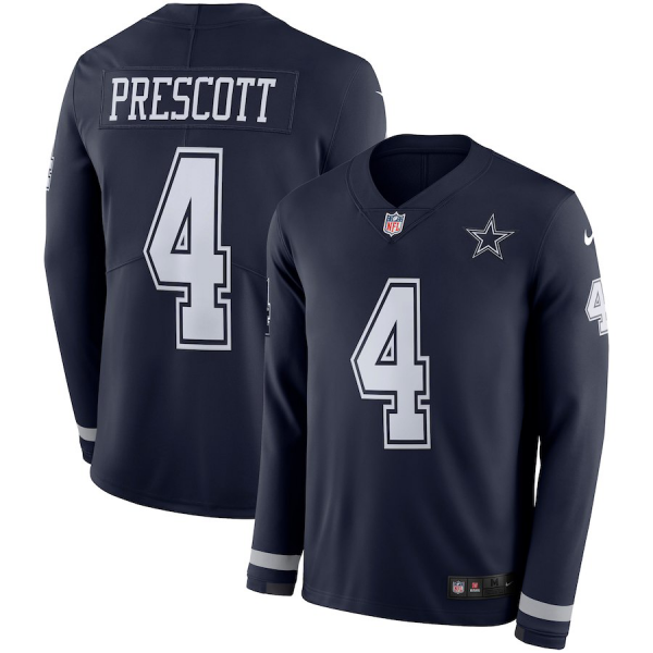 Men's Dallas Cowboys #4 Dak Prescott Nike Navy Therma Long Sleeve Jersey