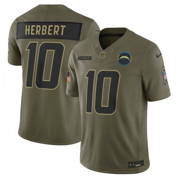 Men's #10 Justin Herbert Los Angeles Chargers Nike 2025 Salute to Service Limited Olive Jersey