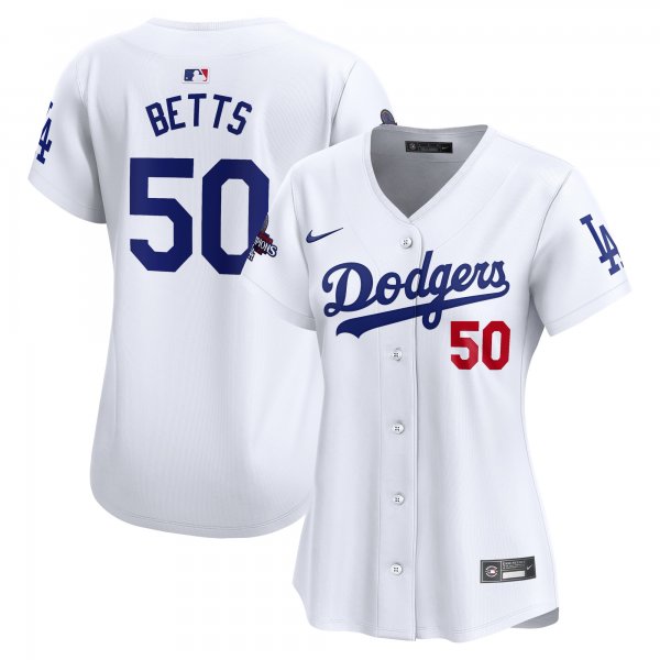 Women's #50 Los Angeles Dodgers Mookie Betts Nike White 2024 World Series Champions Home Limited Player Jersey