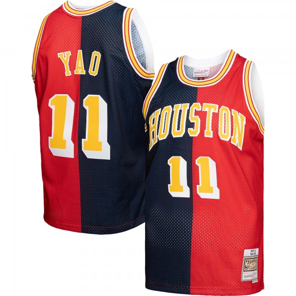 Men's Houston Rockets Yao Ming Mitchell & Ness Navy/Red Hardwood Classics 2004/05 Split Swingman Jersey