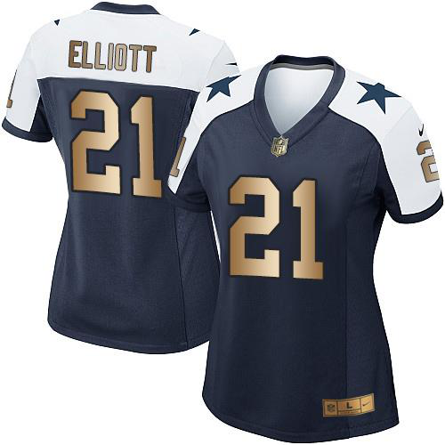 Nike Dallas Cowboys #21 Ezekiel Elliott Navy Blue Thanksgiving Throwback Women's Stitched NFL Elite Gold Jersey