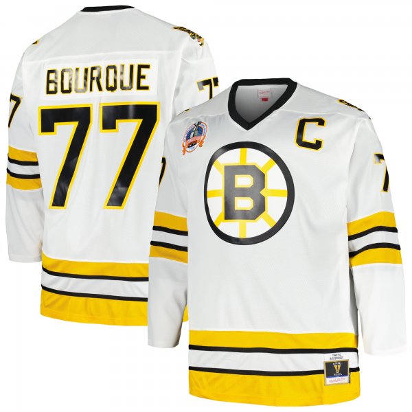 Men's Boston Bruins Ray Bourque Mitchell & Ness White Big & Tall Captain Patch Blue Line Player Jersey