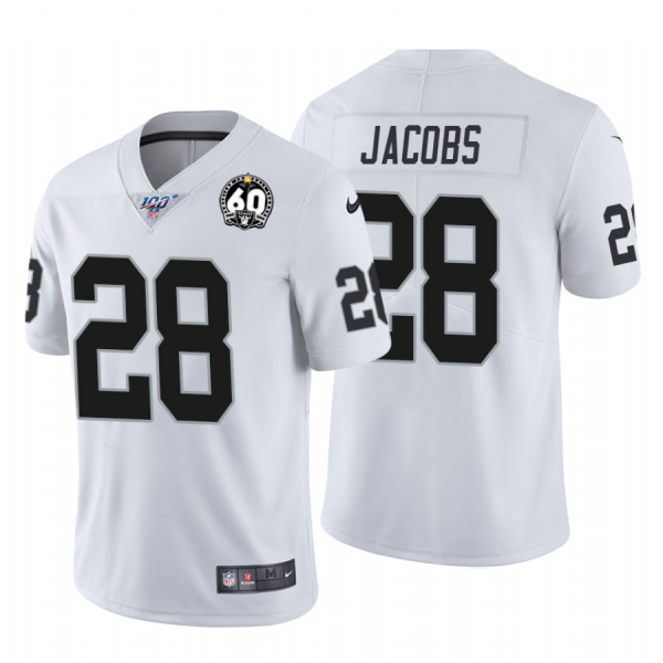 Men's Nike Las Vegas Raiders #28 Josh Jacobs 60th Anniversary And 100th Season Patch White Vapor Untouchable Limited 100th Season Jersey