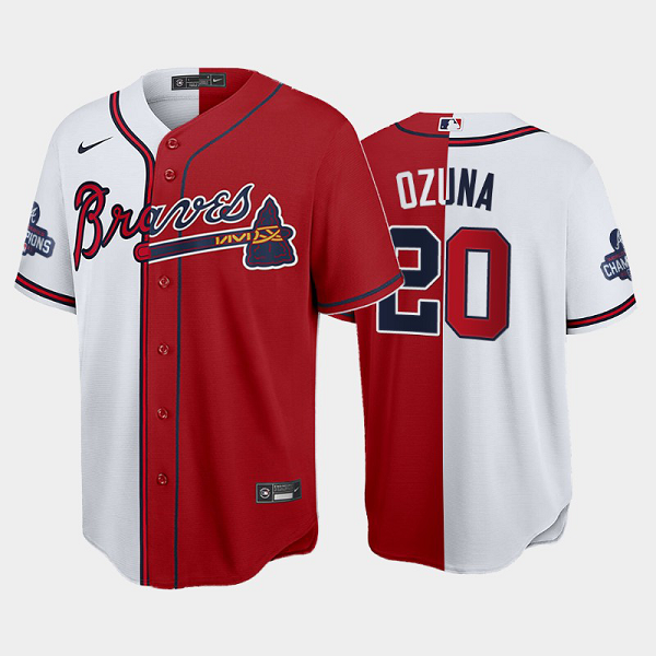 Men's Atlanta Braves Split Marcell Ozuna Red White 2021 World Series Champions MLB Jersey