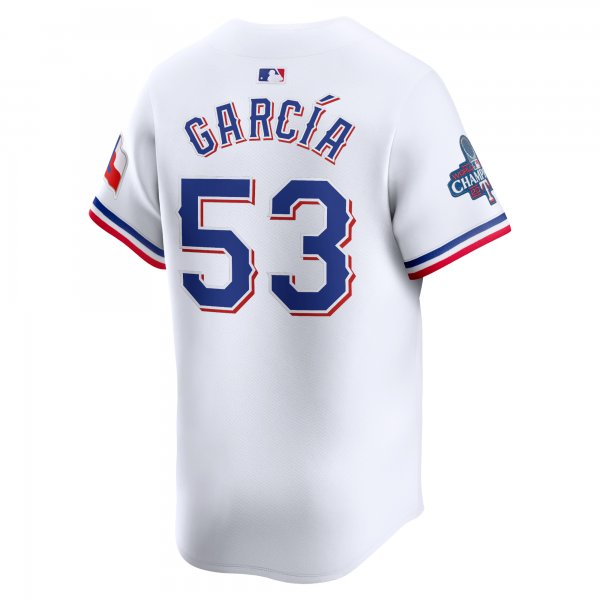 Men's Texas Rangers Adolis GarcÃÂ­a Nike White Home 2023 World Series Champions Limited Jersey