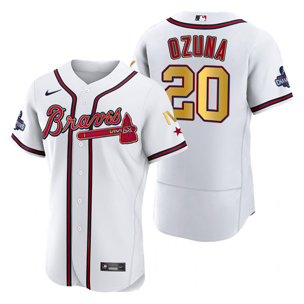 Men's Atlanta Braves Marcell Ozuna White 2022 Gold Program 4-Time World Series Champions Flex Base Jersey