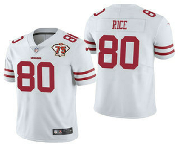 Men's San Francisco 49ers #80 Jerry Rice White 75th Anniversary Patch 2021 Vapor Untouchable Stitched Nike Limited Jersey