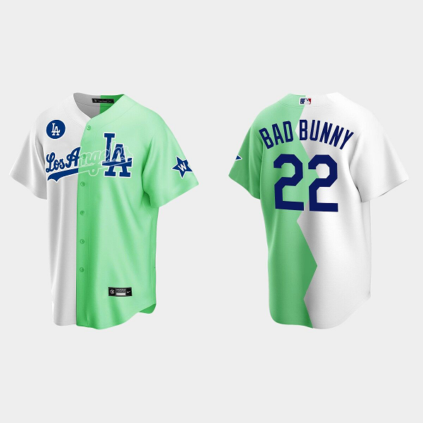 Men's Los Angeles Dodgers #22 Bad Bunny 2022 All-Star White Green Celebrity Softball Game Split MLB Jersey