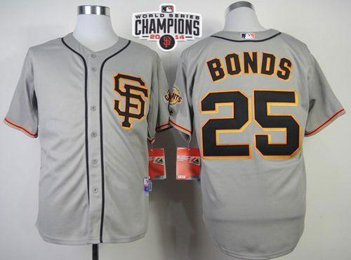 San Francisco Giants #25 Barry Bonds Grey Road 2 Cool Base W/2014 World Series Champions Patch Stitched MLB Jersey