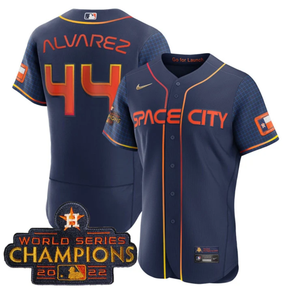 Men's Houston Astros #44 Yordan Alvarez 2023 Space City Champions Flex Base Navy Jersey